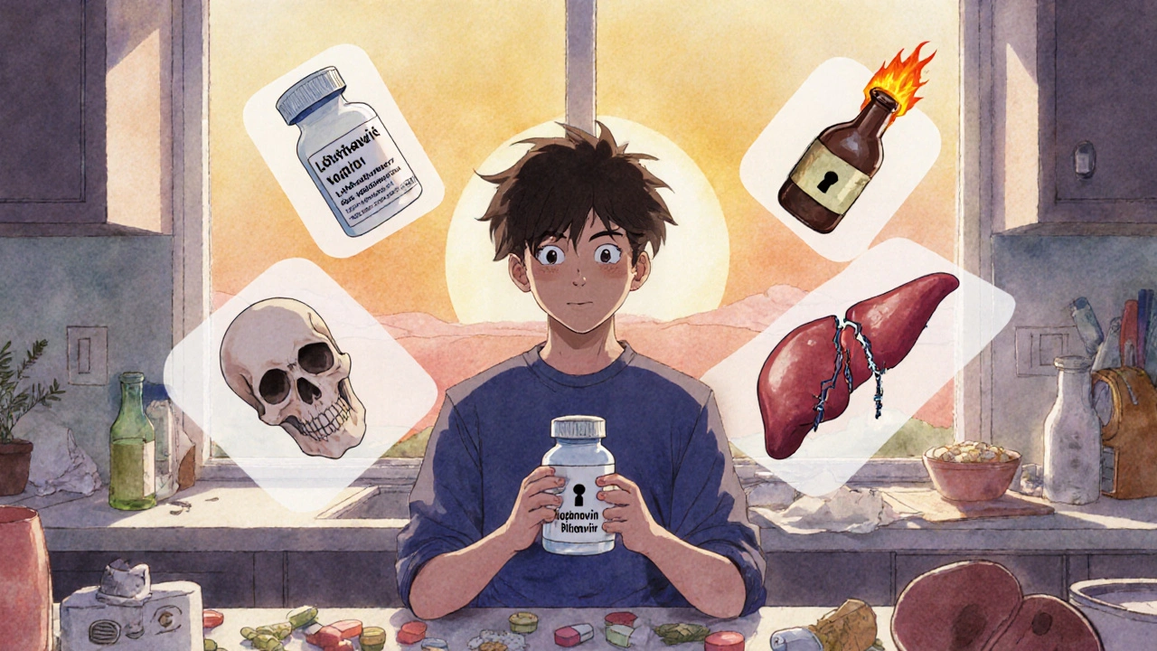 A person surrounded by floating drug icons and a pill bottle, symbolizing dangerous interactions at dawn.