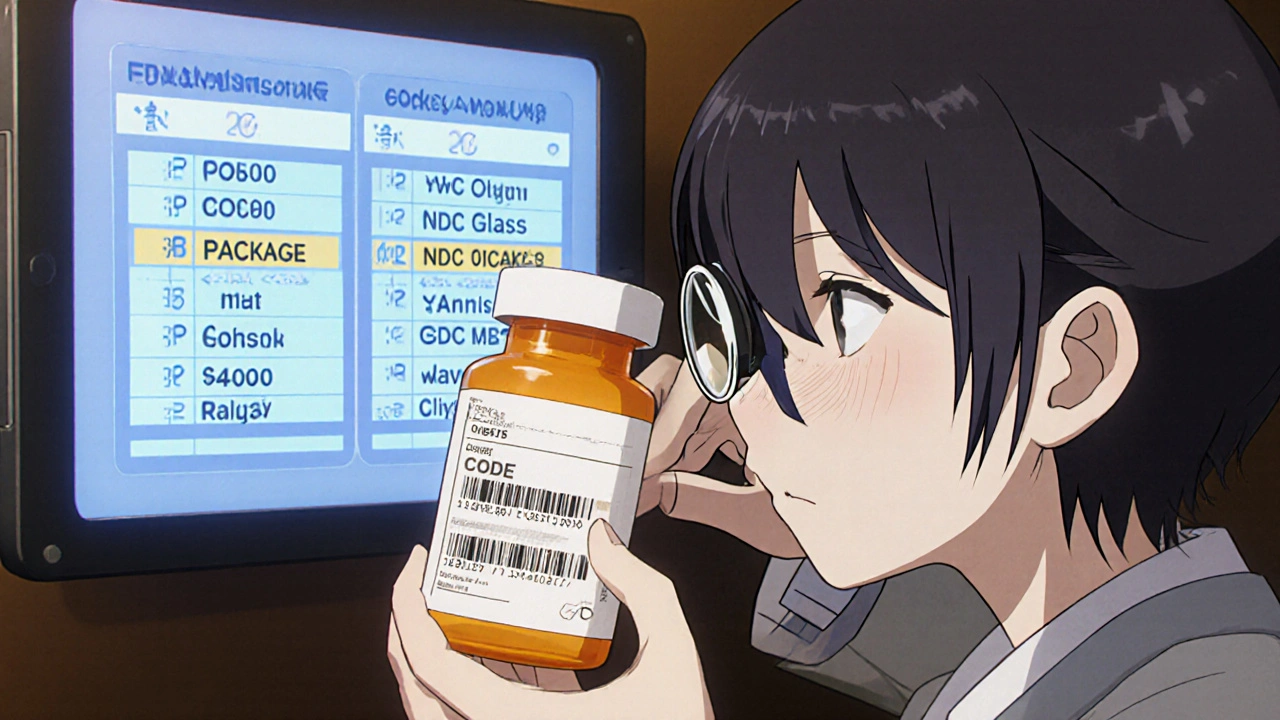 A person using a magnifying glass to read an NDC code while a pharmacist shows a matching FDA list on a screen.