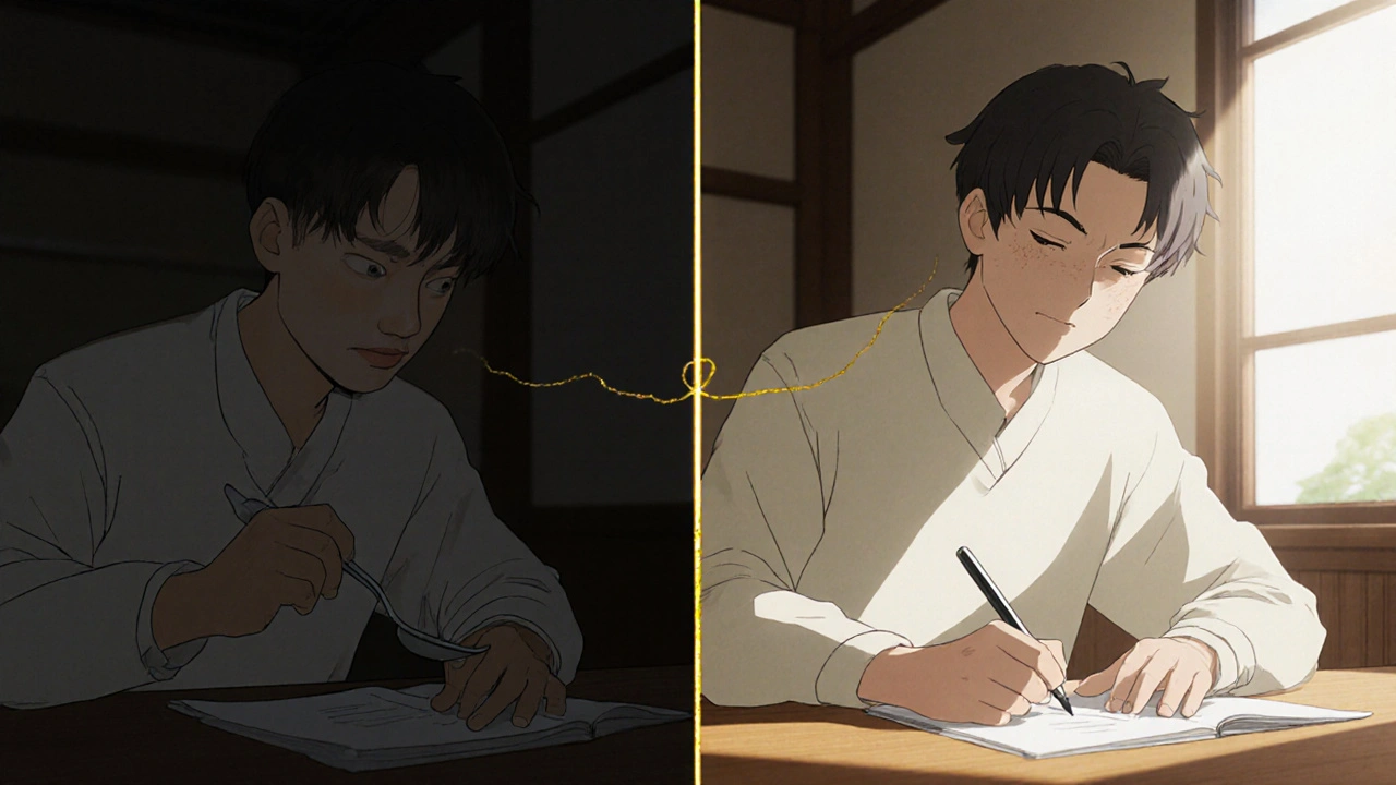 A person with Parkinson’s improving over time, holding a pen steadily in sunlight.