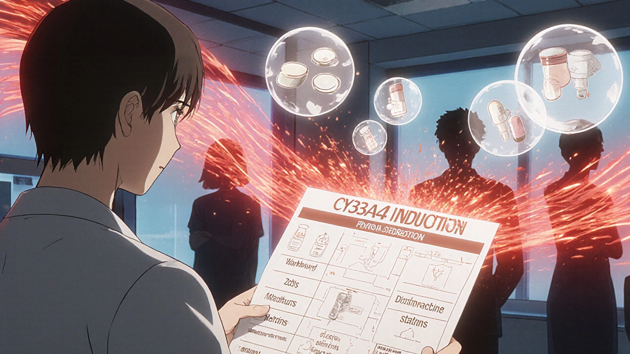 A pharmacist displays a chart of drug interactions as medications dissolve under the effect of enzyme induction.
