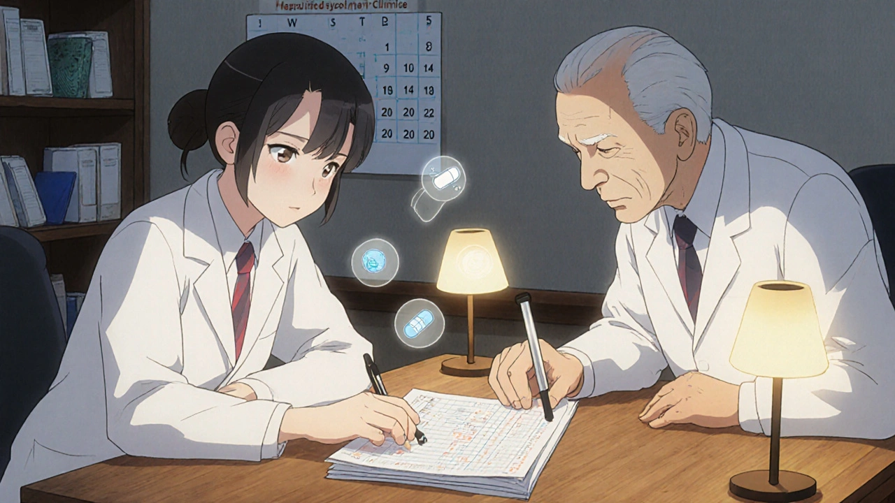 A pharmacist reviewing medication charts with an older man in a warm clinic setting.
