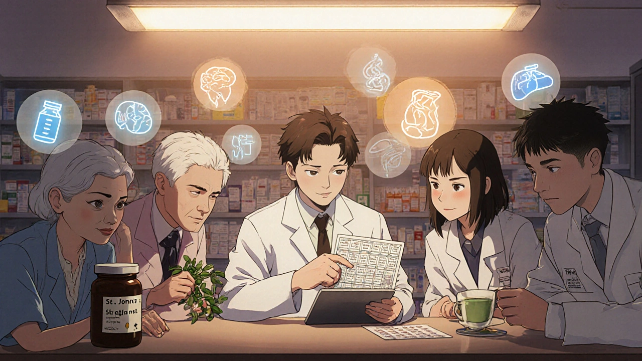 A pharmacist showing a drug interaction chart to patients at a pharmacy counter.