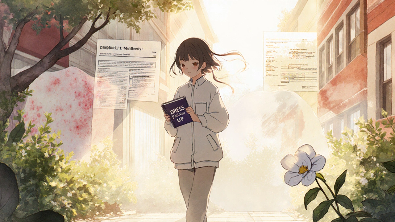 A recovered patient walks in a garden, fading symptoms behind them, a single white flower blooming ahead.