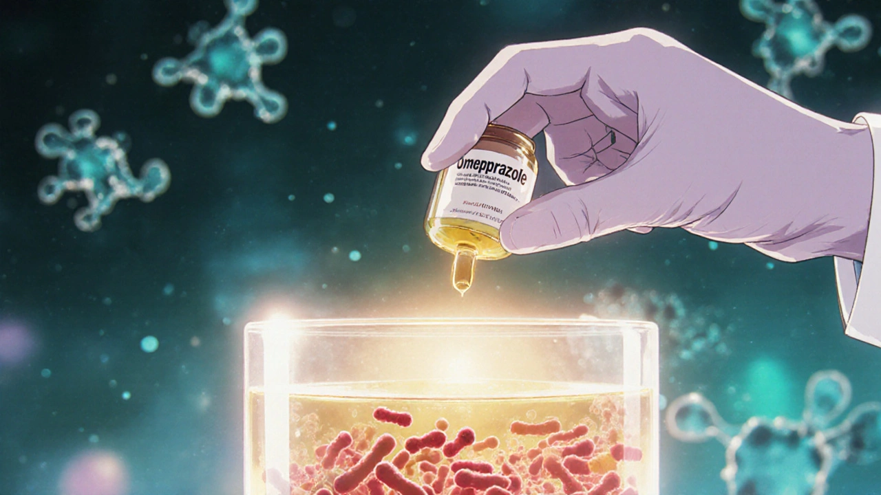 A scientist adds omeprazole to a lab dish, neutralizing TB bacteria&#039;s drug resistance mechanisms.