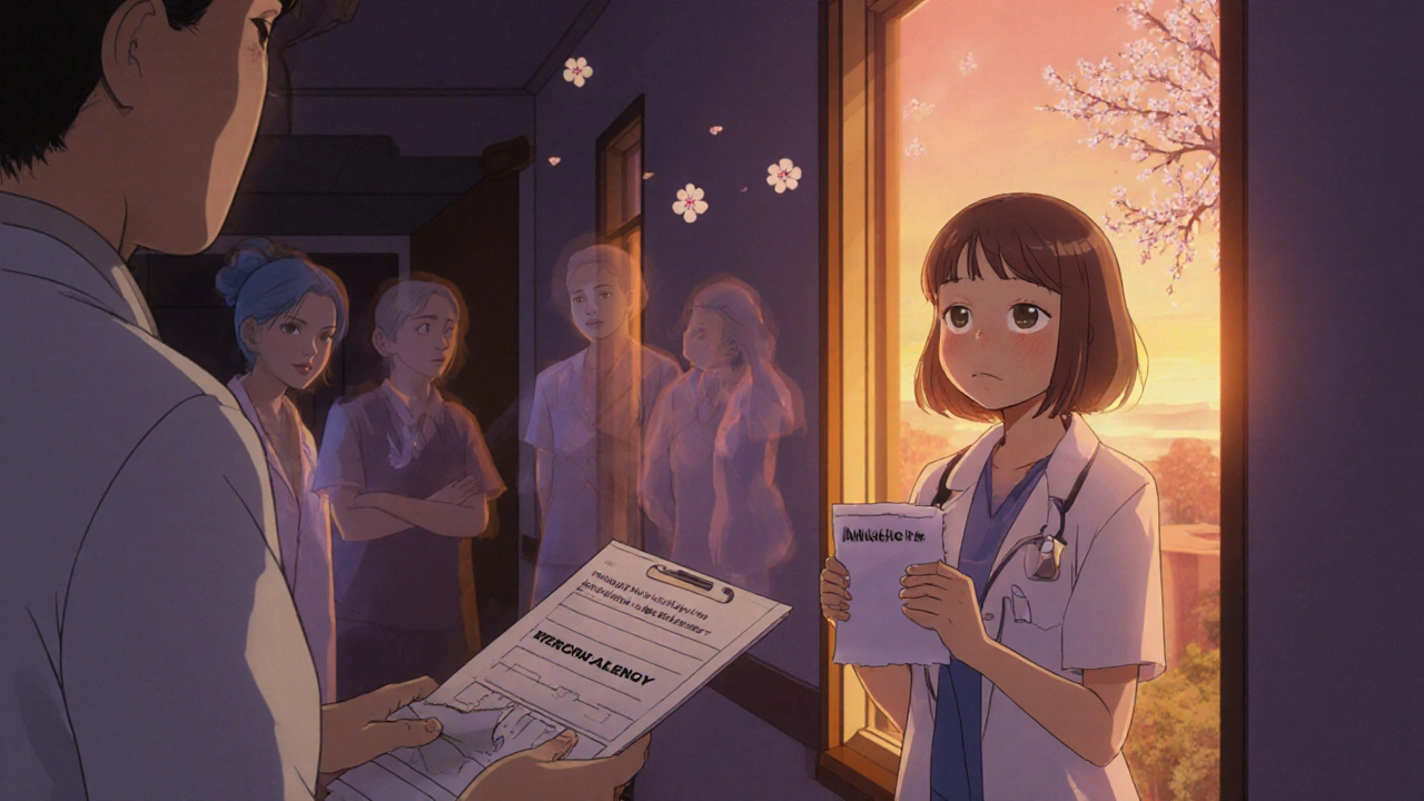 A woman smiles as her incorrect allergy label is removed, with fading past symptoms in the background.