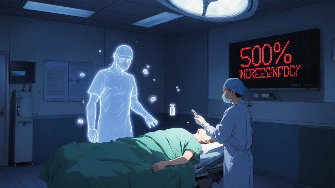An anesthesiologist hesitating over a syringe as ritonavir&#039;s ghostly warning glows in a hospital room.