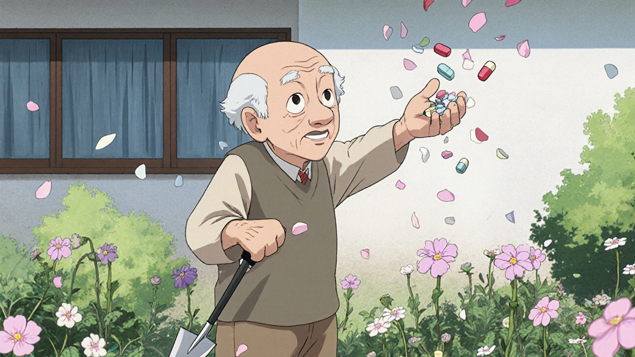 An elderly man releasing pills into the wind as flowers bloom around him in his garden.
