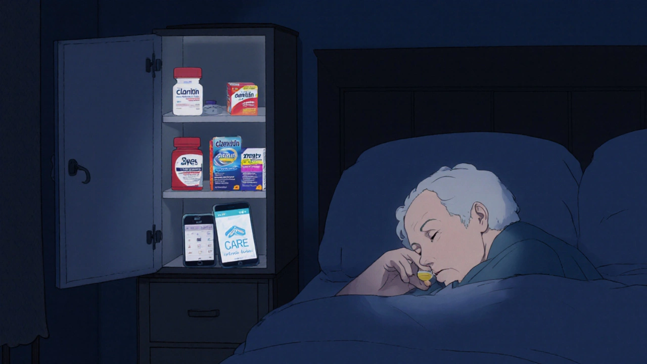 An elderly man sleeping beside labeled antihistamines, with a phone showing a health app.