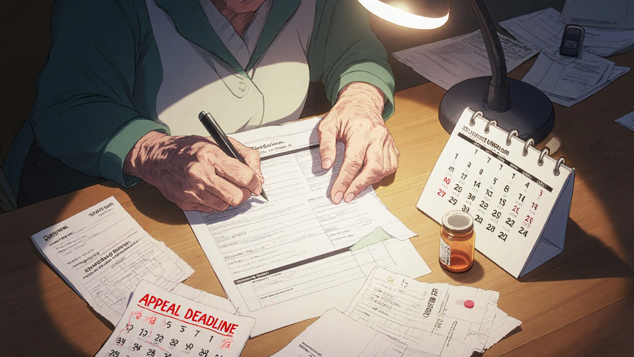 An elderly woman filling out a federal drug assistance form with medication receipts and a calendar marked for appeal.