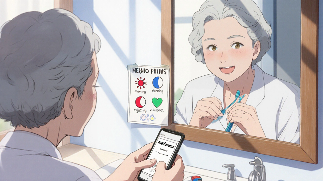 An elderly woman places pills next to her toothbrush, guided by a simple visual action chart.