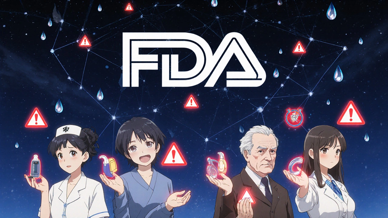 Diverse group of people with medical devices, warning symbols rising to form an FDA logo in the night sky.
