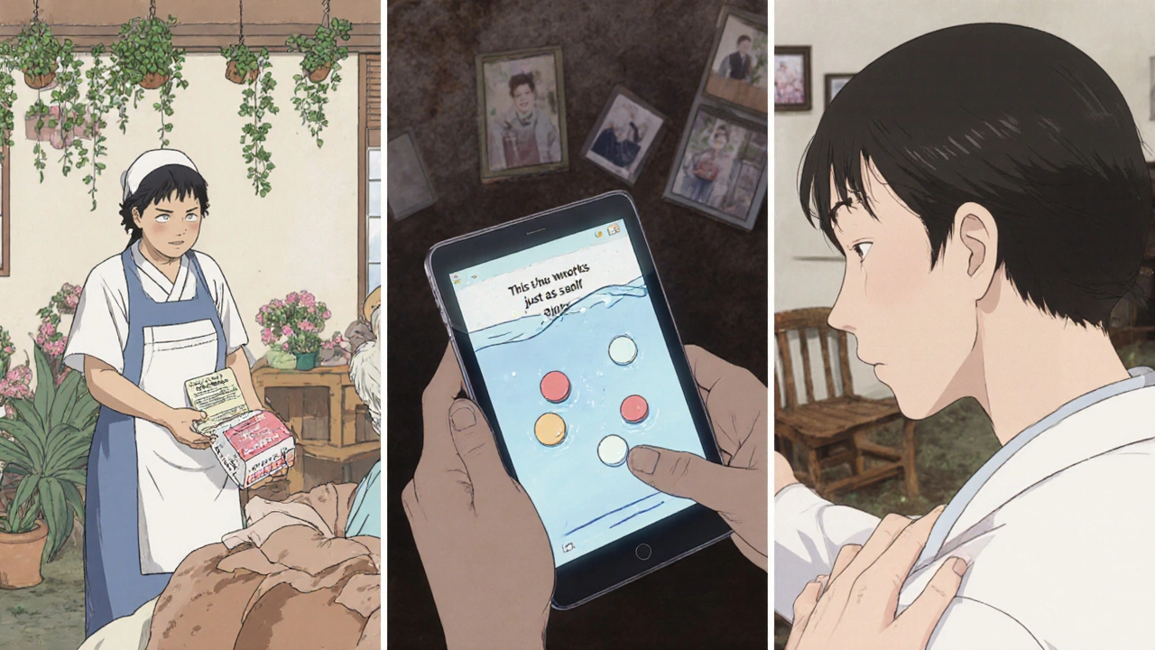 Diverse patients and providers engage with generic drug education materials in clinics, homes, and pharmacies.