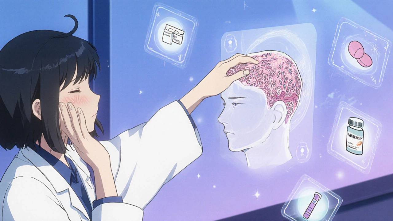 Doctor explains hair loss mechanism using a holographic hair follicle model in a clinic setting.