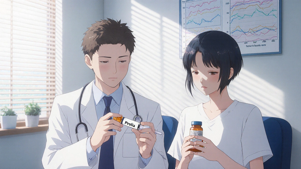 Doctor handing injection pen to patient in calm clinic setting, discarded pill bottle nearby.