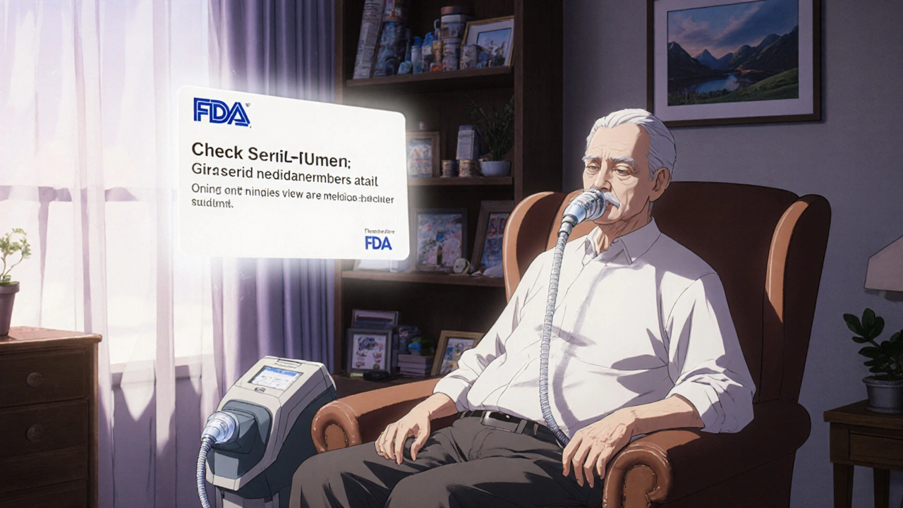 Elderly man with CPAP machine, an FDA alert gently floating above him in evening light.