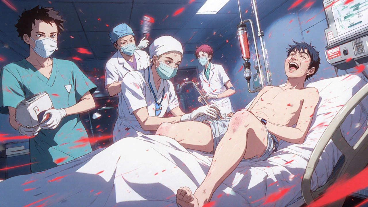 Medical team urgently treating a patient experiencing a severe chemotherapy reaction with epinephrine and oxygen.