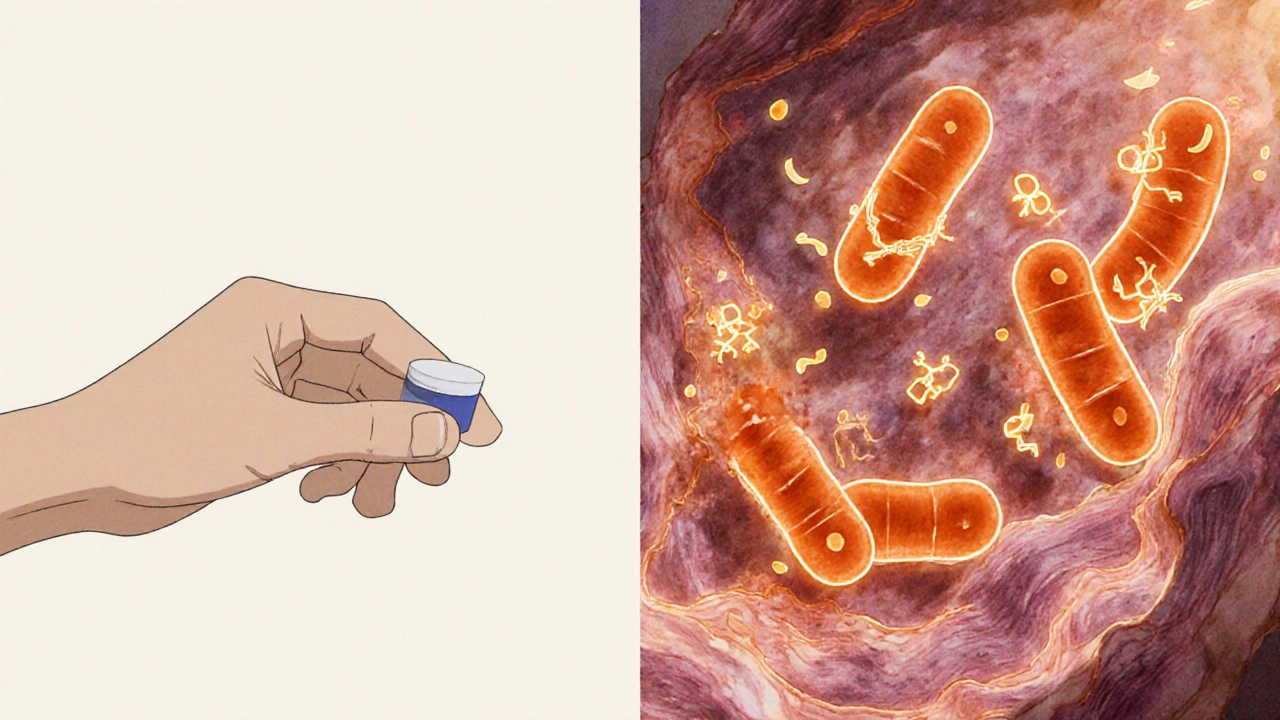 Mycobacterium tuberculosis bacteria dying as orange metabolites drift from their cells.
