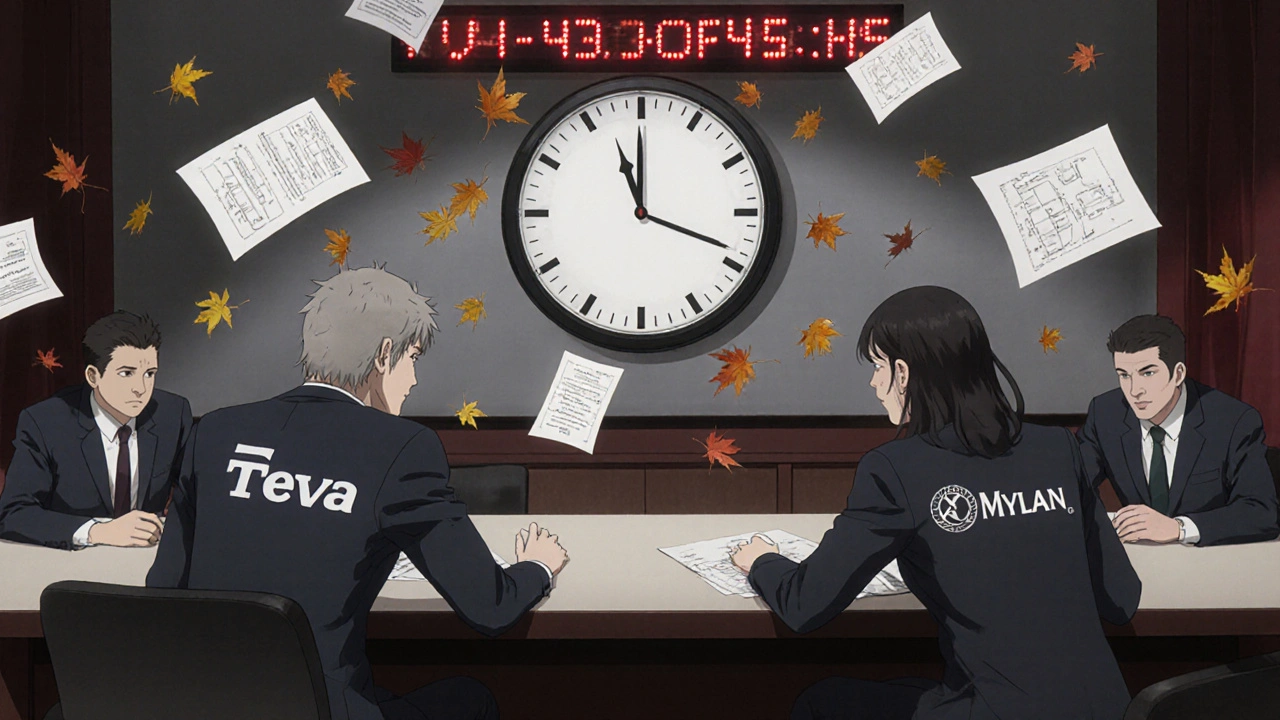 Opposing legal teams in a courtroom with a glowing 45-day countdown clock above them.