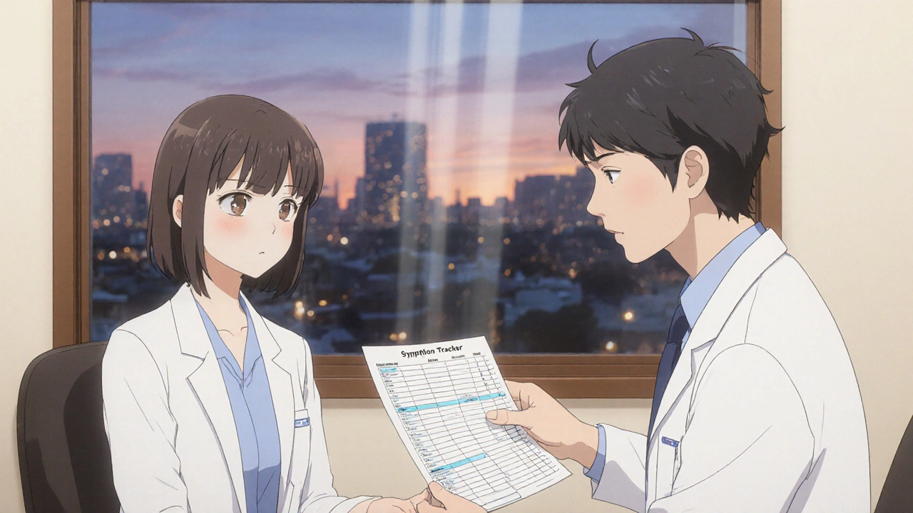 Patient and doctor reviewing a symptom tracker in a warm, softly lit doctor’s office.