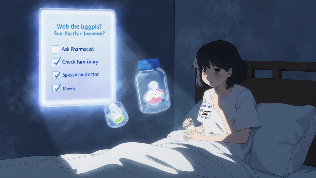 Patient examining pill bottle with changed manufacturer, ghostly tablet shapes floating nearby, checklist on wall.