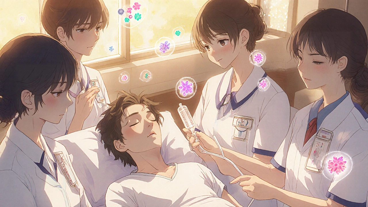 Patient undergoing a slow desensitization infusion, surrounded by attentive nurses in a calm, softly lit room.