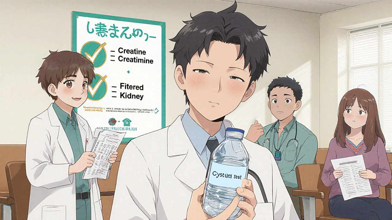 Patients in a clinic wait as one smiles at a cystatin C test result, with an educational poster about creatine and kidney function on the wall.