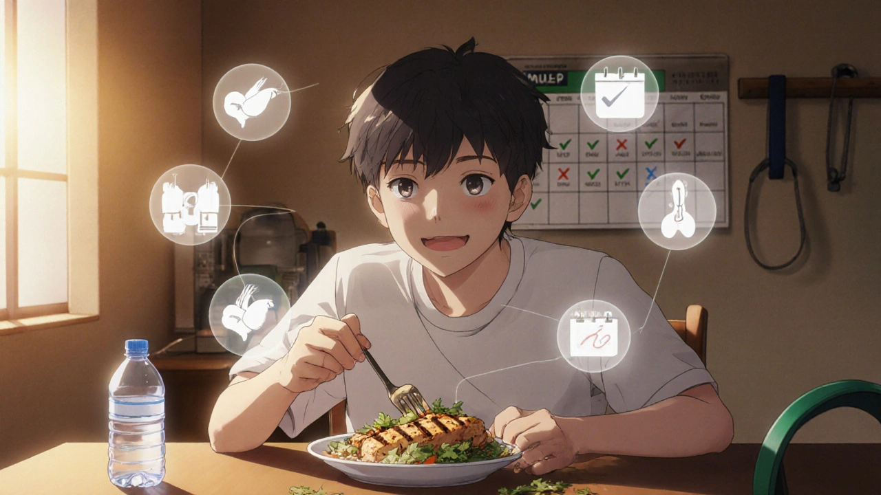 Person eating healthy meal with muscle and bone regeneration icons floating nearby