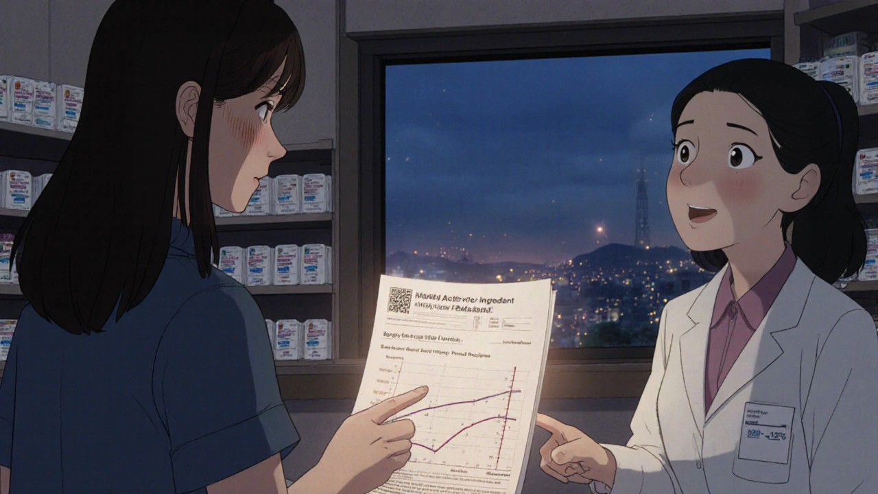 Pharmacist explains generic medication using an FDA fact sheet at a quiet pharmacy counter at dusk.