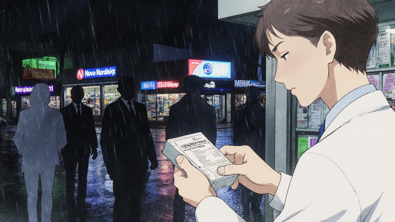 Pharmacist handing FDA-approved GLP-1 prescription as counterfeit sellers fade into shadow