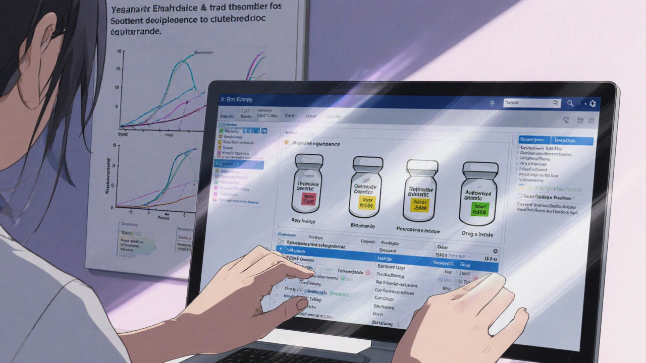 Pharmacist reviewing drug entries on screen with FDA Orange Book API updates and bioequivalence diagram.