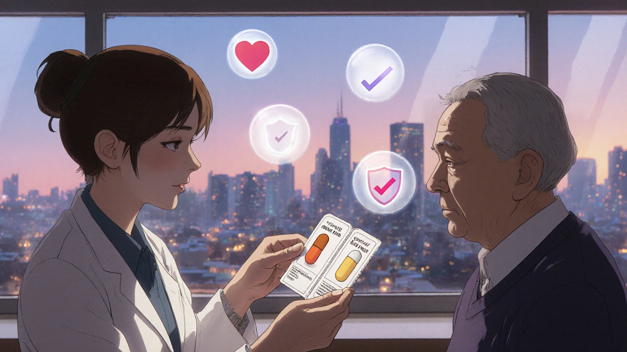 Pharmacist showing patient side-by-side pill images on a laminated card in a cozy pharmacy setting.