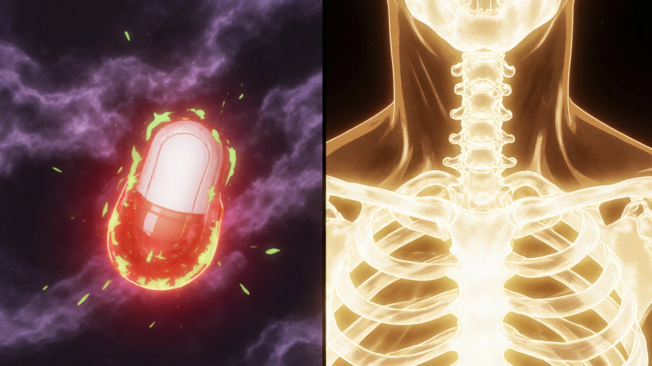 Split illustration showing pill moving safely through healthy esophagus vs. stuck in inflamed tissue.