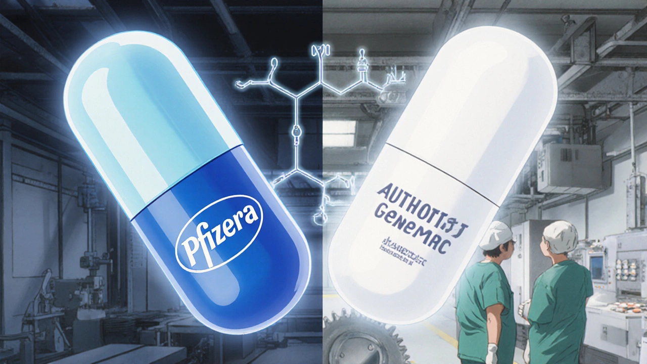 Split image: branded blue capsule and identical white authorized generic capsule produced by the same factory machinery.