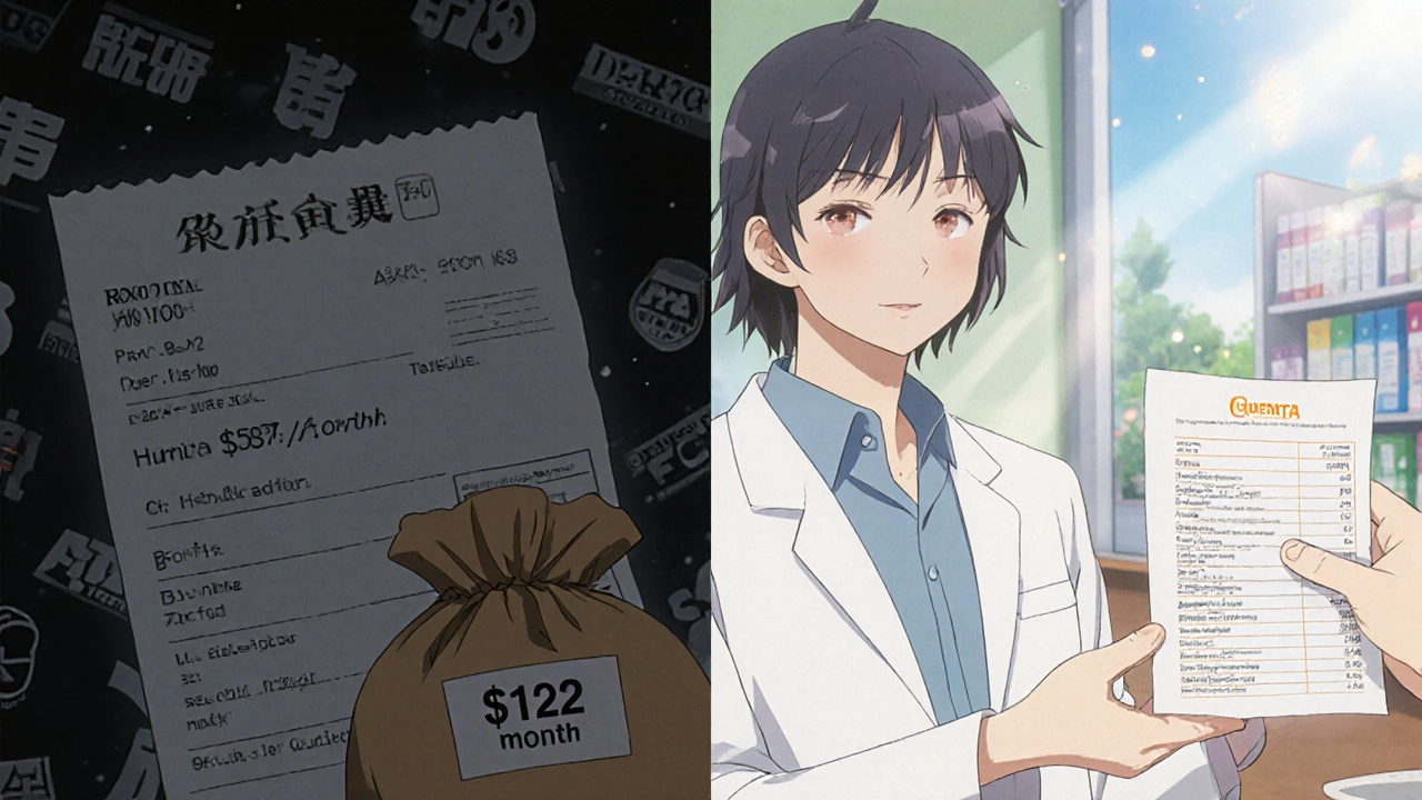 Split scene: patient distressed by high drug cost on left, smiling with affordable generic on right, FDA Orange Book visible.