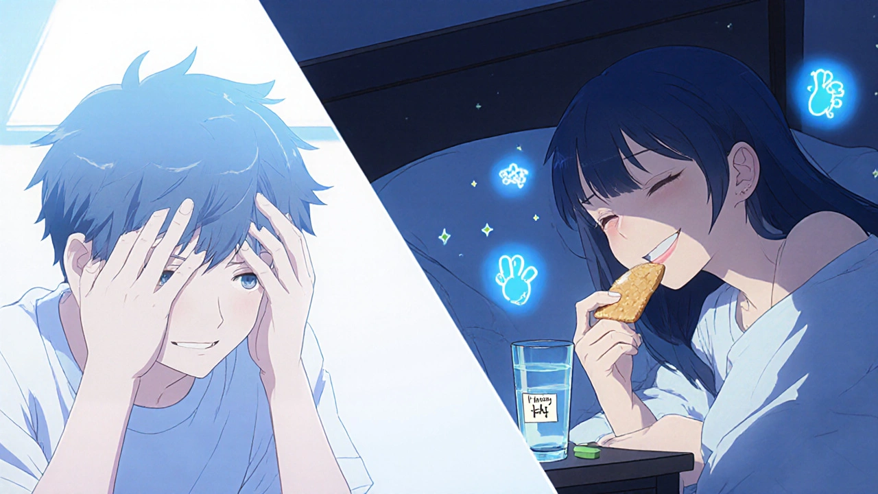 Split scene showing transition from discomfort to calm nighttime medication routine.