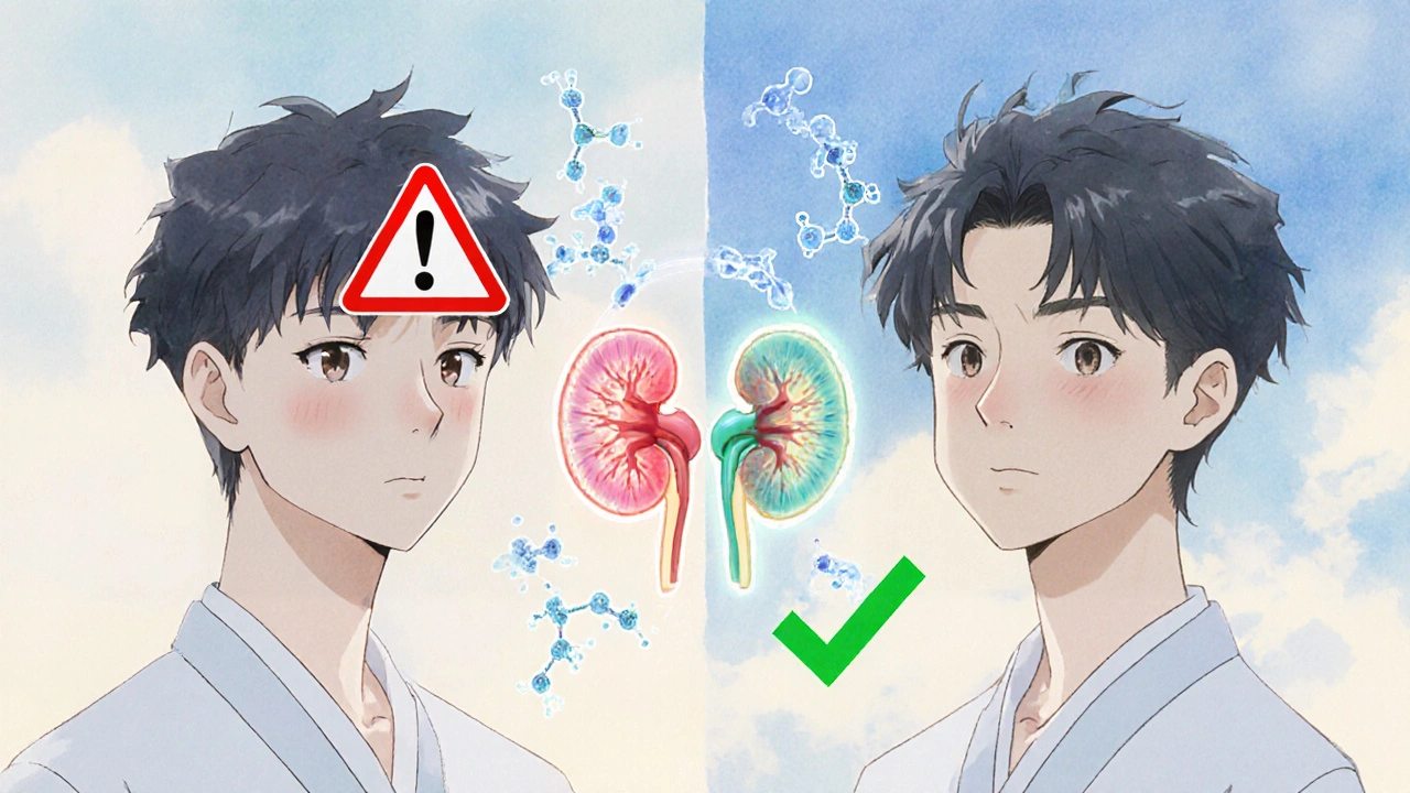 Split-screen of elevated creatinine versus normal cystatin C results, with molecular structures and a healthy kidney glowing in contrast.