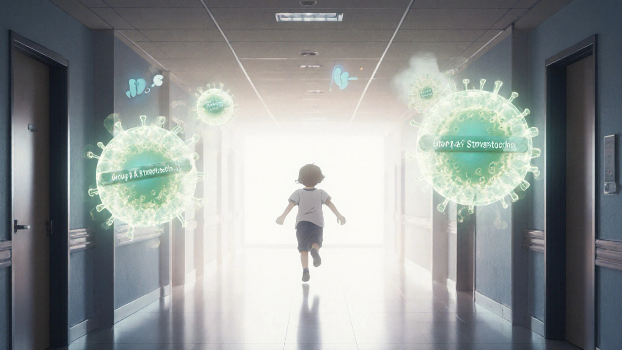 Streptococcus bacteria being defeated by penicillin shields as a child runs toward light, symbolizing recovery.