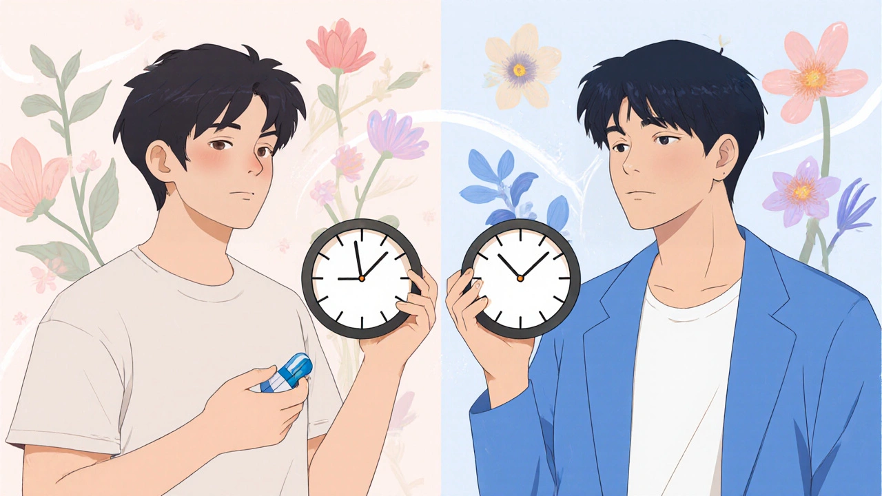 Two men comparing ED medications with abstract time-based floral motifs in the background.