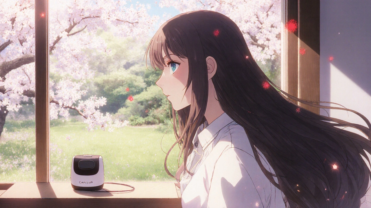 Woman with restored hair walking through a spring garden, sunlight highlighting her healthy strands.