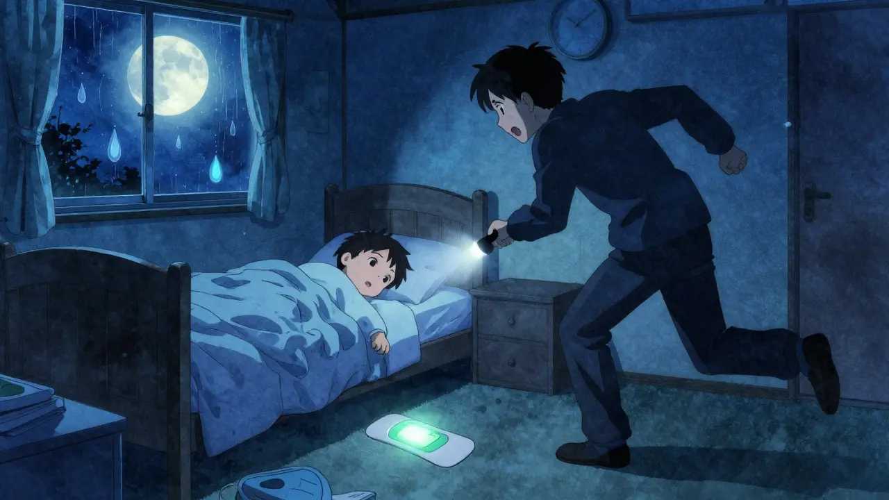 A child's bedroom with a discarded fentanyl patch on the floor at night.