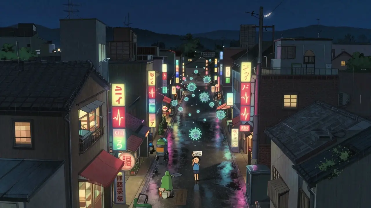 A cityscape at night with virus particles drifting from restaurants toward a child holding a vaccination card.