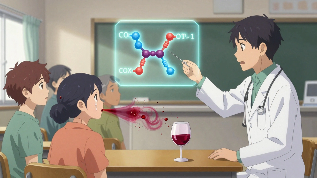 A doctor explains aspirin desensitization to patients, with a glowing enzyme diagram and wine drop transforming into inflammatory particles.