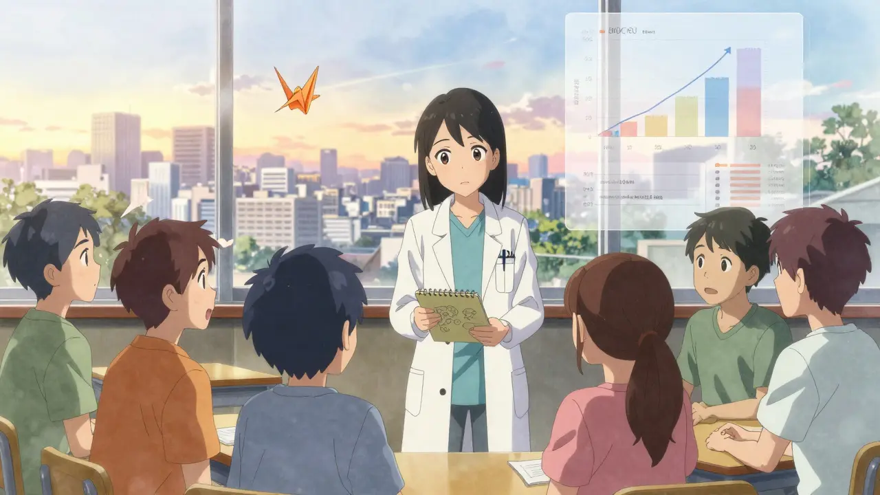 A doctor explains biosimilars to patients in a sunlit room with animated data graphs floating like paper cranes.