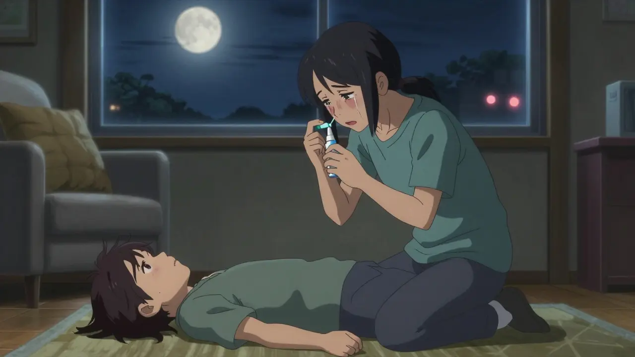 A family member administering naloxone to an unresponsive person at night.