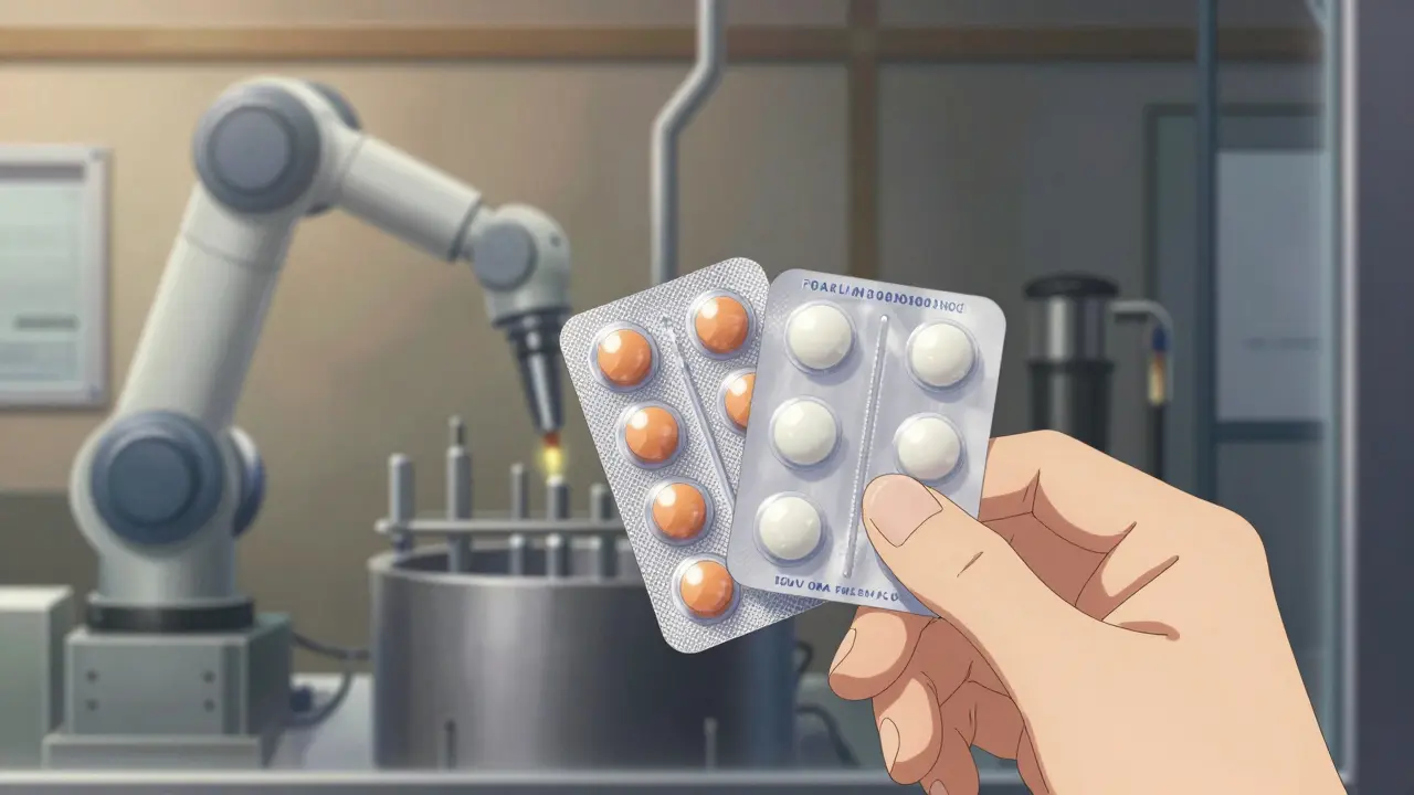 A hand holding two identical pills from brand and authorized generic packaging, with a manufacturing line visible in the background.