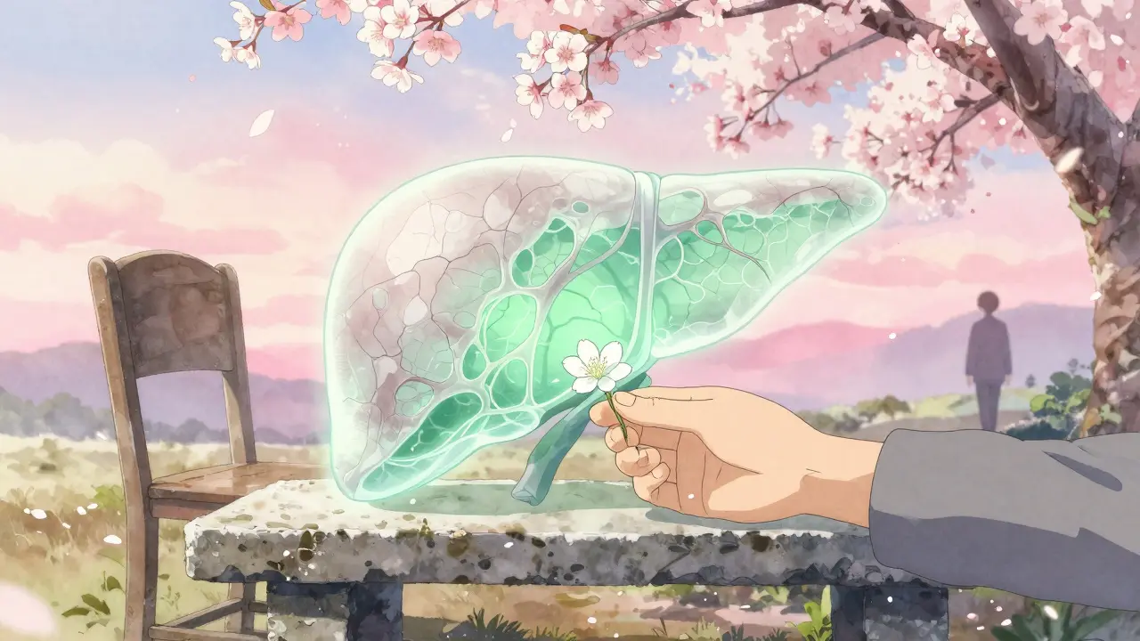 A healing liver glowing green as cherry blossoms fall, symbolizing recovery after cirrhosis.
