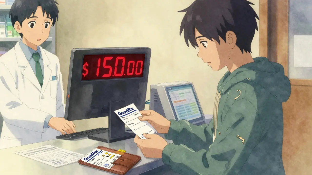 A man at a pharmacy counter shocked by a 0 price tag, holding a discounted coupon.