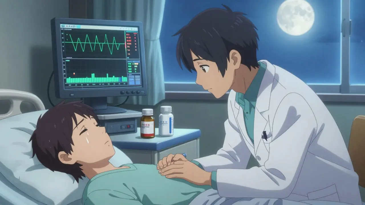 A neurologist comforts an epilepsy patient after a seizure, with drug level graphs on a monitor and generic pill bottles on the nightstand.