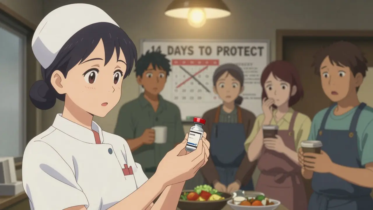 A nurse gives a hepatitis A vaccine to food workers in a break room, with a warning sign on the wall.