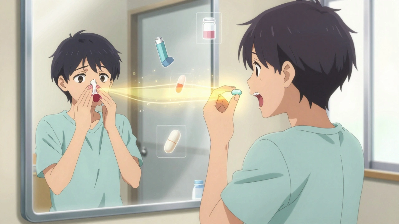 A patient&#039;s reflection shows two versions of themselves—one struggling with polyps, the other healthy, bathed in light from a daily aspirin tablet.